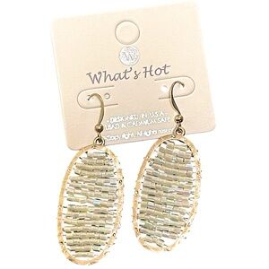 Iridescent Beaded Hammered‎ Gold Tone Metal Oval Hoop Earrings NTW